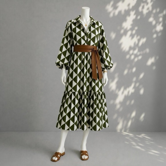 Anthropologie Dresses & Skirts - Anthropologie Maeve Bettina Tiered Shirt Dress M Green White Geometric Cotton